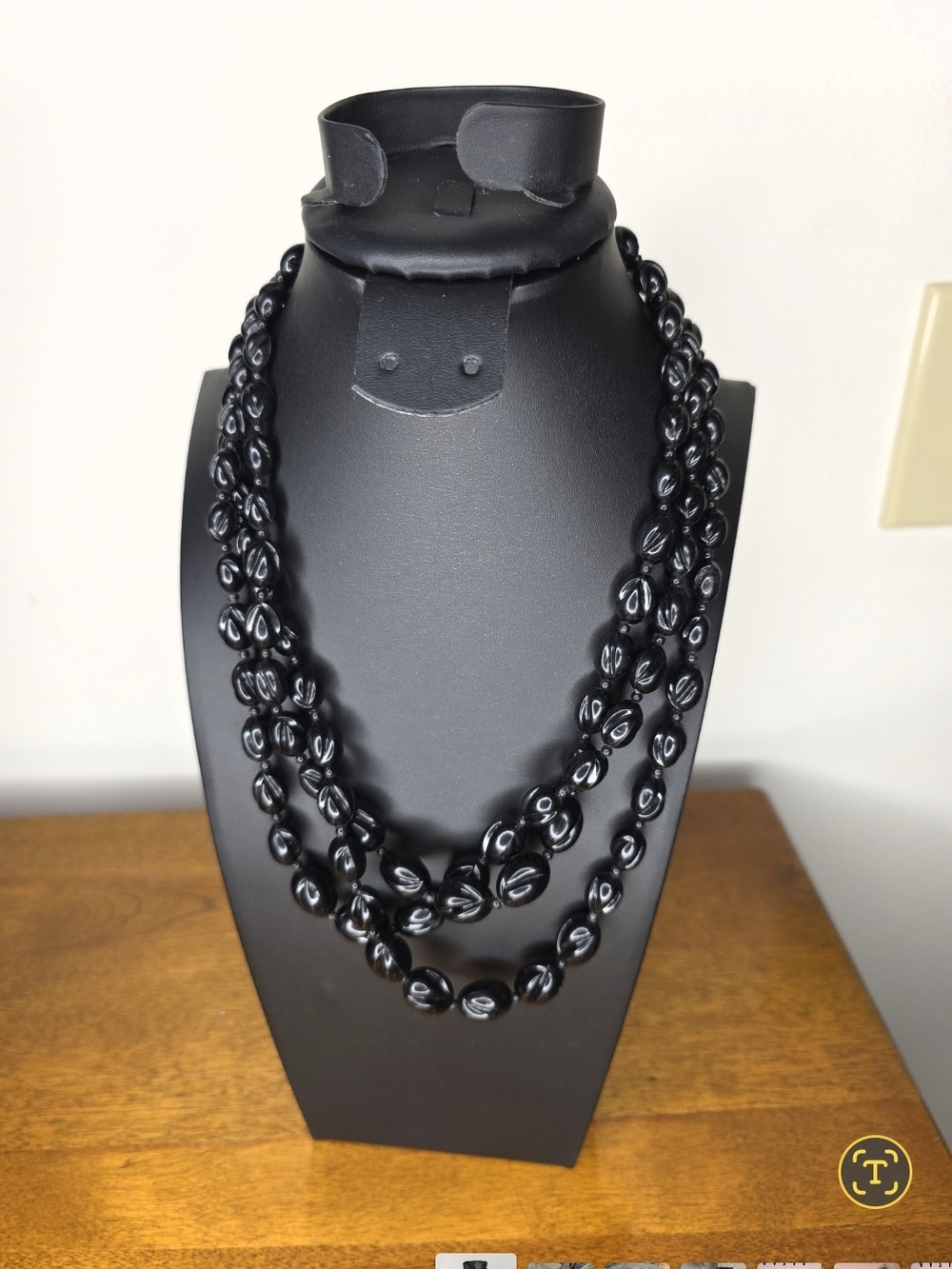 Vintage Mid-Century Classic Black Plastic Triple-Strand Beaded Necklace